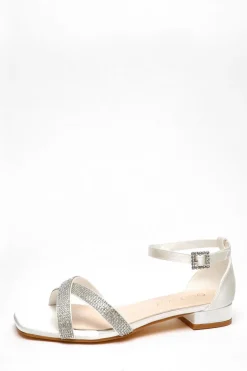 Quiz Wide Fit White Shimmer Diamante Cross Strap Flat Sandals Sale