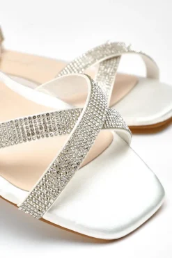 Quiz Wide Fit White Shimmer Diamante Cross Strap Flat Sandals Sale