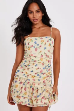 Quiz Yellow Floral Mini Dress Discount