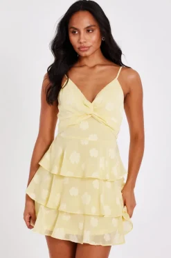 Quiz Yellow Floral Tiered Skater Dress Outlet