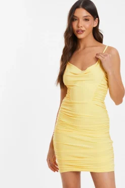 Quiz Yellow Ruched Bodycon Mini Dress Discount