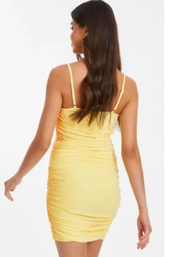 Quiz Yellow Ruched Bodycon Mini Dress Discount