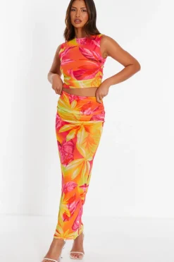 Quiz Yellow Tropical Print Mesh Top
